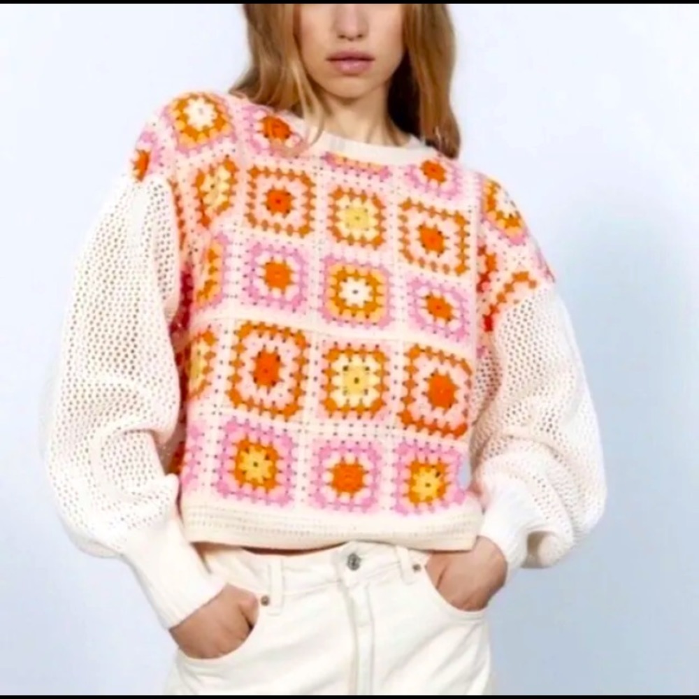 Zara Crochet Chenille Granny Square‎ Patchwork Tutti Sweater Sz S